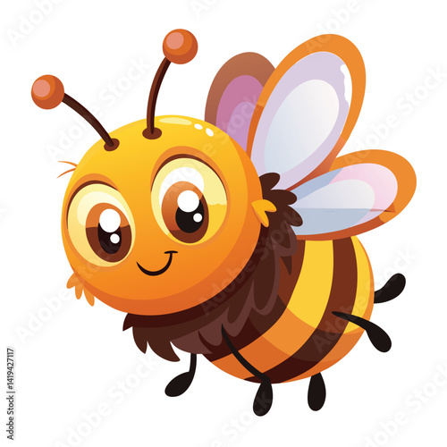 Adorable Smiling Bee Character Flying with Stripped Body on White Background