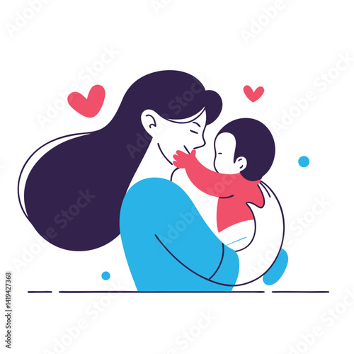 African Woman Holding Baby with Red Hearts on White Background