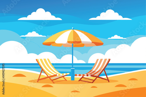 Beach chairs and umbrella facing sea with blue sky and clouds background