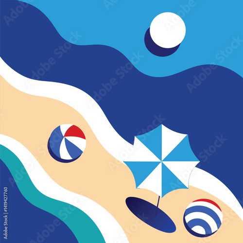 Beach Flat Lay with Umbrella, Balls, Sand, Sea, and Sun in Blue, Red, and White Colors