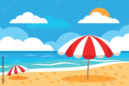 Beach with Parasols Sand, Sea, Sky and Sun Cartoon Flat Design