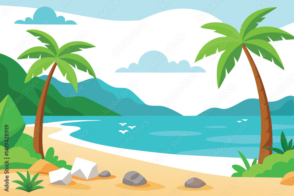 Cartoon Beach with Palm Trees, Ocean, Sand, Clouds, and Mountains View Cartoon Beach with Palm Trees, Ocean, Sand, Clouds, and Mountains View