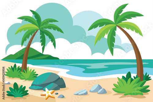 Cartoon Beach with Palm Trees, Starfish, Sand, Ocean, and Rocks