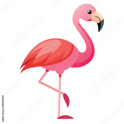 Cartoon Flamingo Standing on One Leg, Pink Plumage, White Background, Exotic Bird