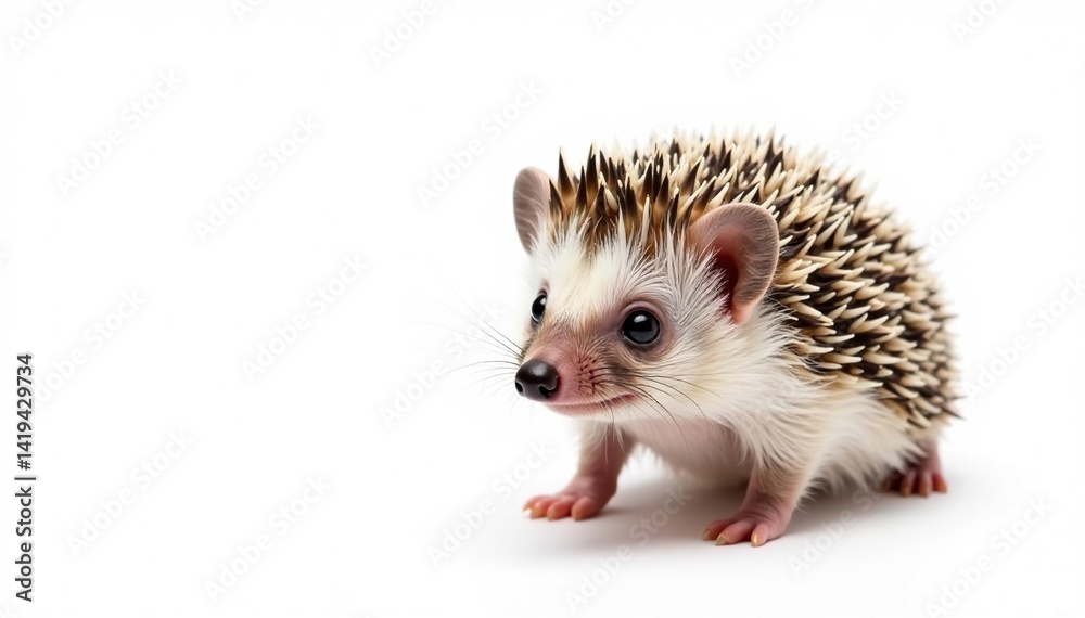 Tiny hedgehog isolated on pure white background, spiny mammal, fauna, spiny