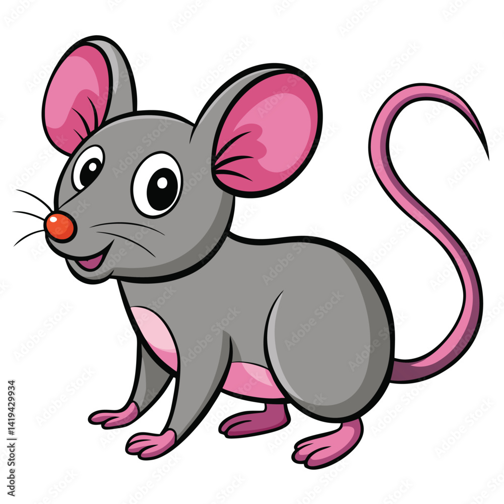 Obraz premium Cartoon Gray Mouse with Pink Ears, Tail and Red Nose on White