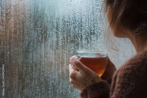Person enjoying hot cup of tea is gazing thoughtfully out window during rainy day. serene, quiet moment of introspection while delighting in soothing beverage