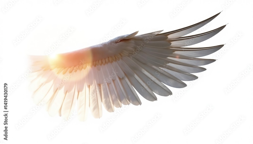Single bird wing, isolated on white background, soft, macro, high-resolution