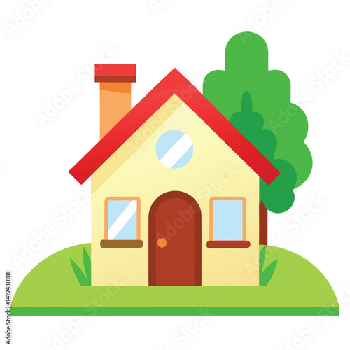 Cartoon Home with Red Roof, Chimney, Lawn, Green Tree on White