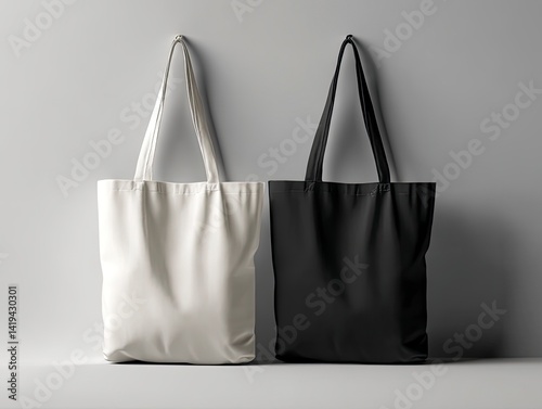 Tote Bag Mockups in Black and White Against Neutral Wall