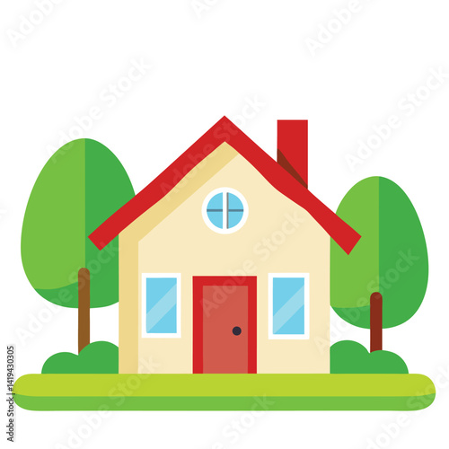 Cartoon House with Red Roof, Chimney, Red Door, Windows, and Trees on White