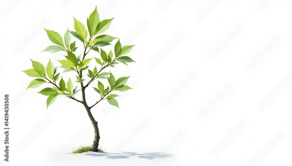 Lone sapling, delicate leaves, white backdrop, environment, single