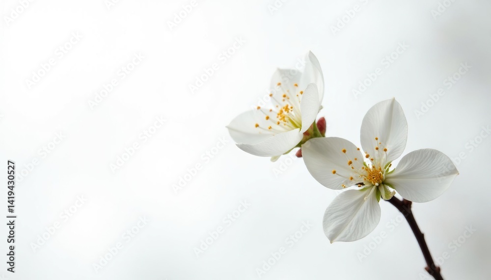 Delicate white flower blossoms against pure white , tranquil, macro, petal