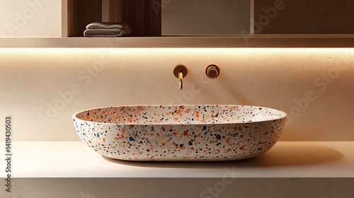 A colorful terrazzo sink with scattered jewel-toned chips set in white concrete, placed on a matching counter under soft spotlighting.