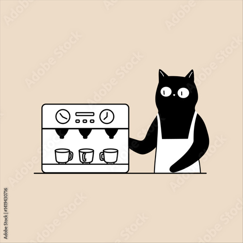 Cat Illustration with Coffee Machine