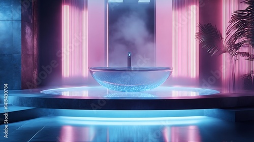 Wallpaper Mural A floating glass droplet sink suspended in mid-air over a reflective mirrored platform, surrounded by soft mist and ambient neon lighting in a futuristic washroom. Torontodigital.ca