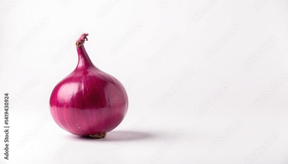 Single red onion, vibrant color, clean white background, healthy, root