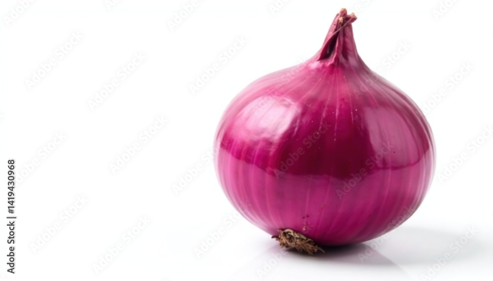 Single red onion, vibrant color, crisp white background, bulb, fresh, ingredient