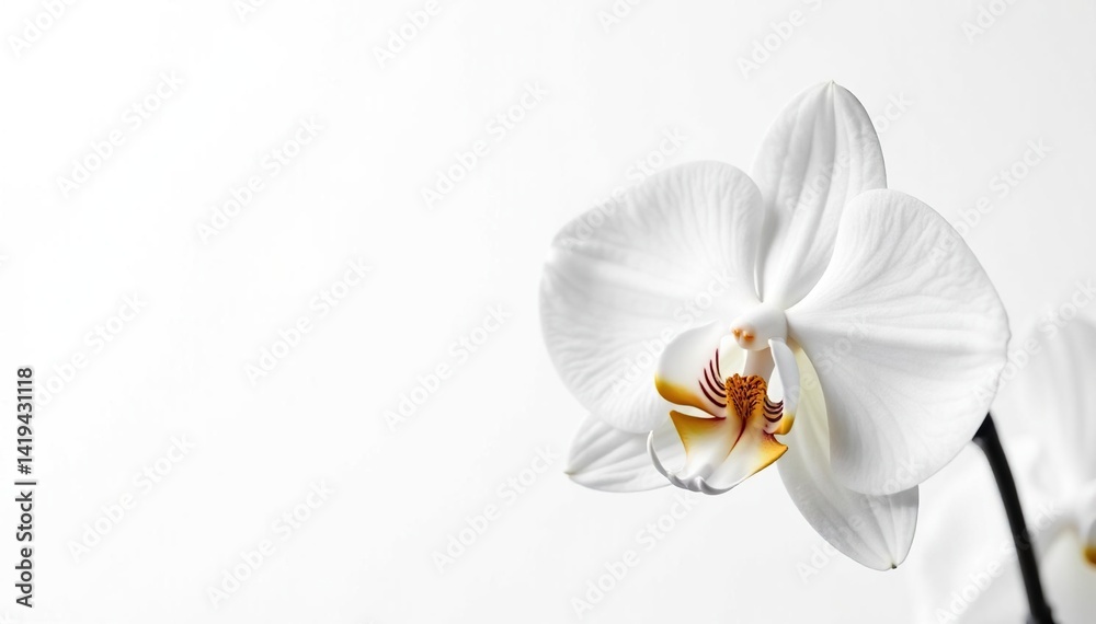 Delicate white orchid blossom against pure white background , photography, fragrance, closeup