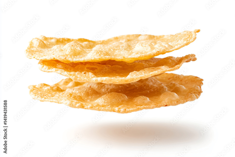 a stack of crisped potato chips on a white background