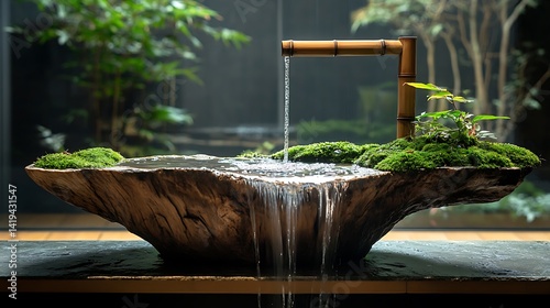 A handcrafted sink made from a hollowed log, naturally smoothed and shaped. A bamboo spout above slowly releases water, with green moss surrounding the base on a stone slab.