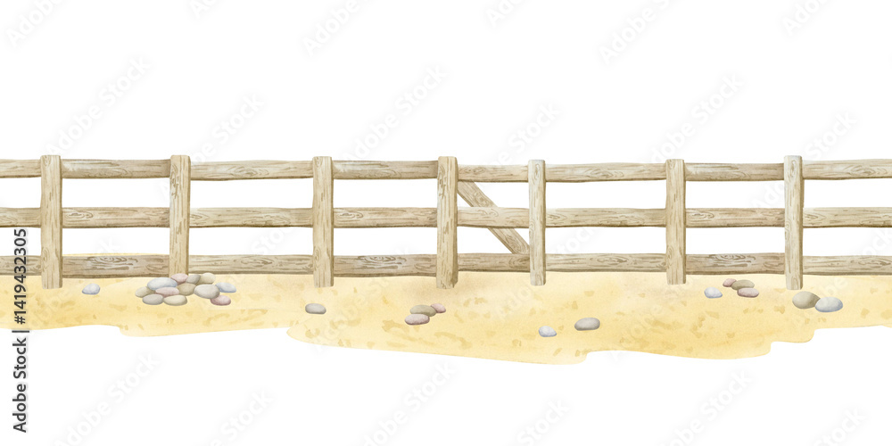 Fototapeta premium Watercolor wooden farm fence on sand ground seamless border illustration isolated on white. Horizontal repeat background with rustic village decor. Old simple boundary inn pastel beige colors