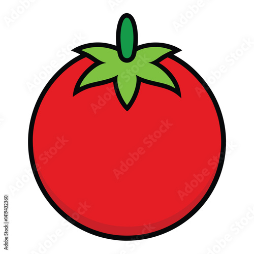 Cartoon Tomato with Green Leaves and Red Fruit Outline on White
