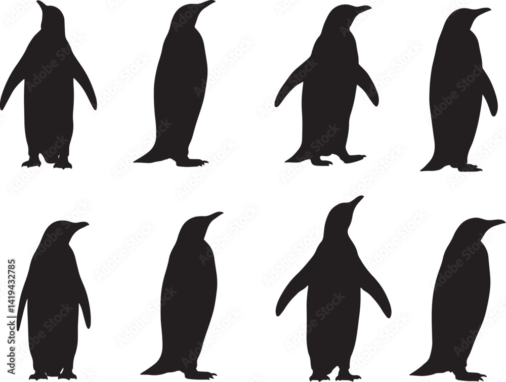 Naklejka premium Black and White Penguin Silhouettes – Minimalist Arctic Wildlife and Scientific Illustration