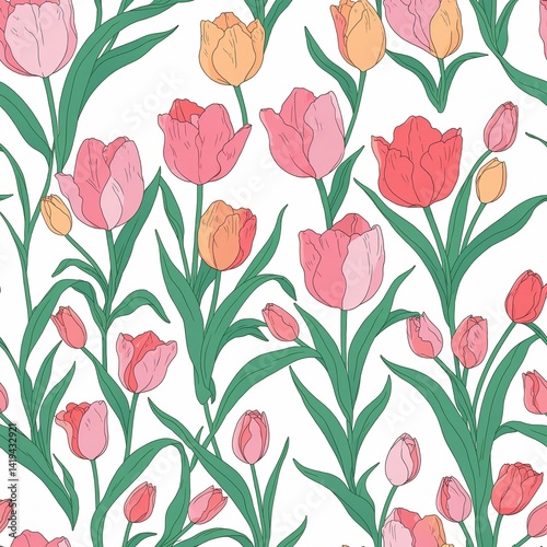 pink tulip floral pattern vintage retro design wallpaper on plain white clean background simple minimalist concept seamless tiling tile