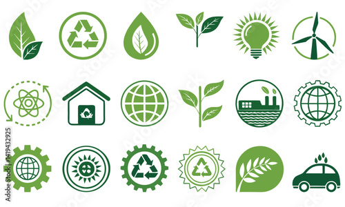 Set of Green Eco-Friendly Icons Representing Sustainability, Recycling, Renewable Energy, and Nature Conservation