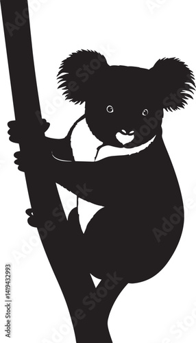 Black and White Koala Silhouette on Tree Branch – Minimalist Australian Wildlife Illustration