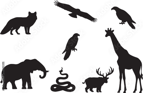 Black Animal Silhouettes Collection – Minimalist Wildlife Illustrations of Safari, Forest, and Jungle Creatures