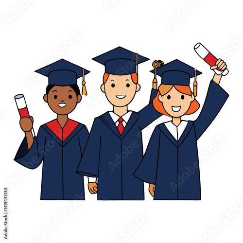 Cheerful Graduates Holding Diplomas. Diverse Cartoon Students in Academic Dress