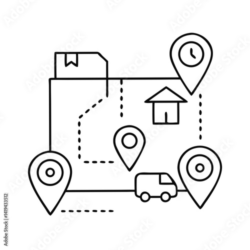 Logistics map with delivery points to destination and illustration of vehicles