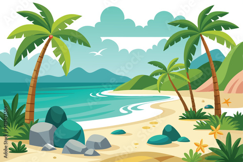 Colorful Beach Palm Trees, Sandy Shore, Ocean Waves and Tropical Flora