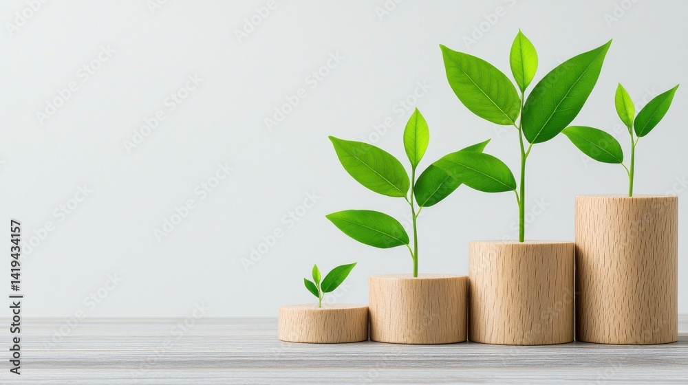 Four vibrant green seedlings planted in progressively larger wooden cylinders represent growth progress and sustainable business development on a light gray background. Four vibrant green seedlings planted in progressively larger wooden cylinders represent growth progress and sustainable business development on a light gray background.