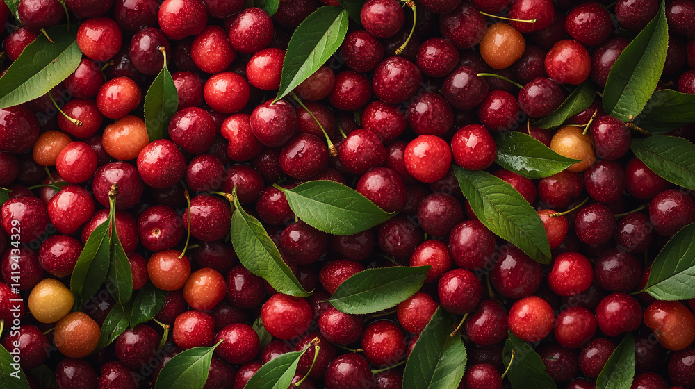 A large pile of fresh red cherries with green leaves, top view. Background banner for product presentation and advertising in a flat lay style. A large pile of fresh red cherries with green leaves, top view. Background banner for product presentation and advertising in a flat lay style.