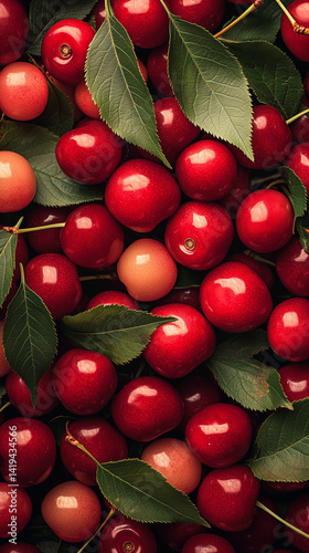 Wallpaper Mural A large pile of fresh red cherries with green leaves, top view. Background banner for product presentation and advertising in a flat lay style. Torontodigital.ca