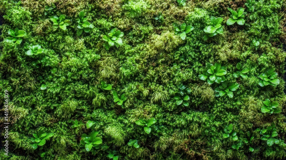 Lush Green Wall with Vibrant Moss and Small Plants in Natural Setting Lush Green Wall with Vibrant Moss and Small Plants in Natural Setting