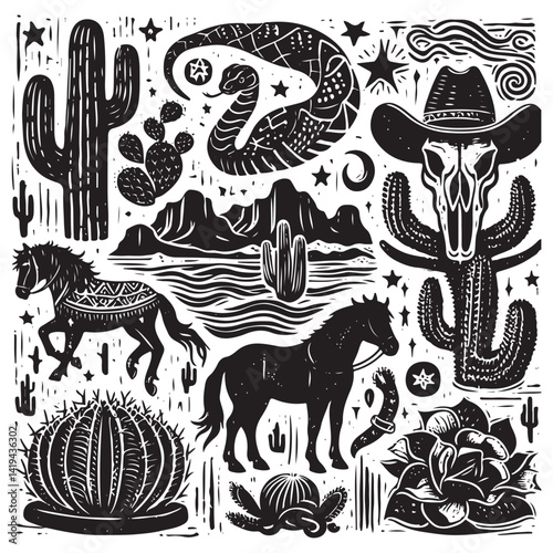 Linocut western boho set vector, Texas desert engraving print collection, vector canyon wildlife, cactus. 
Texture grunge Arizona rodeo graphics, bull, horse, snake, skull silhouette.