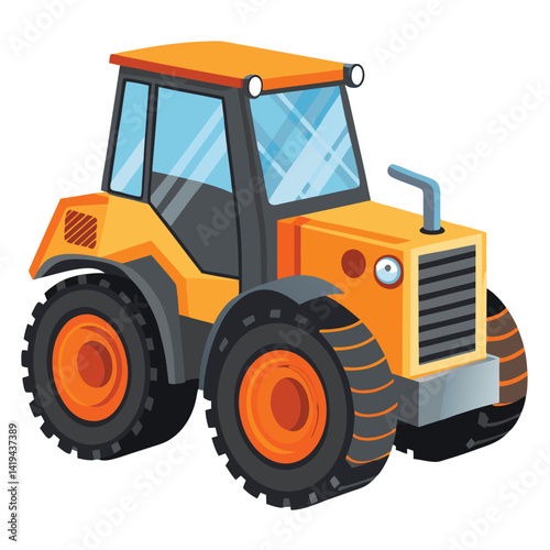 Isolated Cartoon Tractor with Large Wheels, Orange Body on White Background