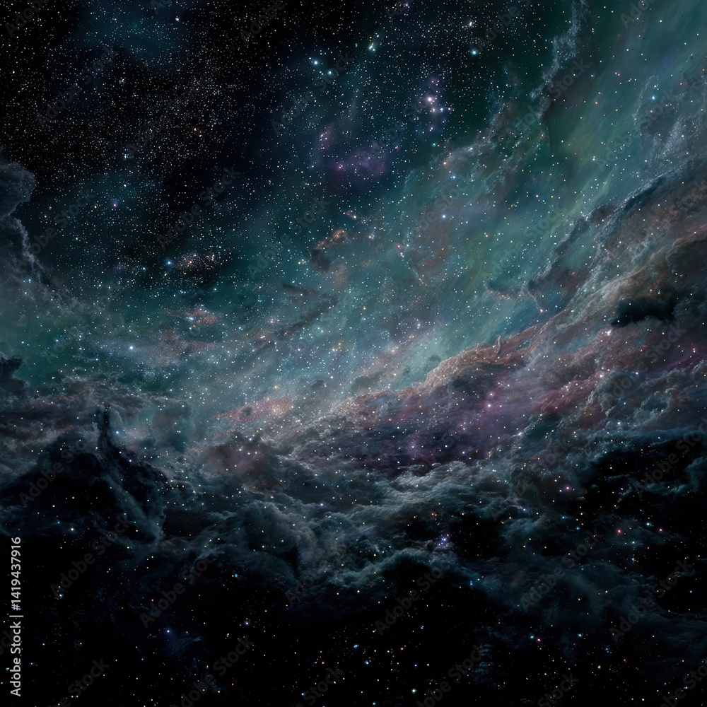 Fototapeta premium Vivid Space View with Stars and Nebulae. Witness the beauty of space with vibrant stars and swirling nebulae in a dark night sky