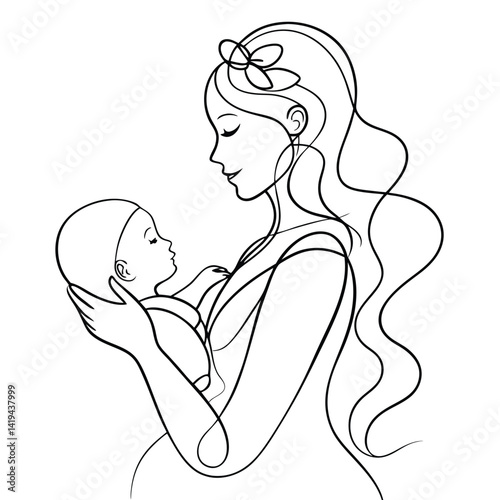 Line art Caucasian Woman Holds Newborn Baby, Transparent Background