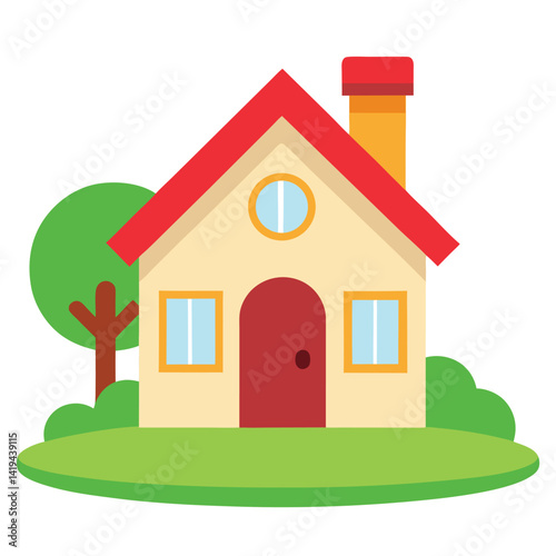 of House Building with Red Roof and a Green Lawn on White