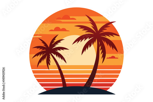 Orange Sunset with Palm Trees Silhouette, Tropical Illustration, Circle Emblem Design