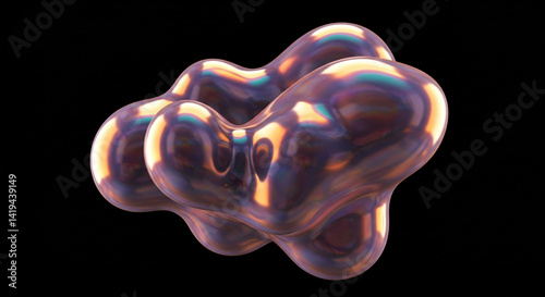 A glossy iridescent blob with multiple rounded protrusions against a dark black background isolated object