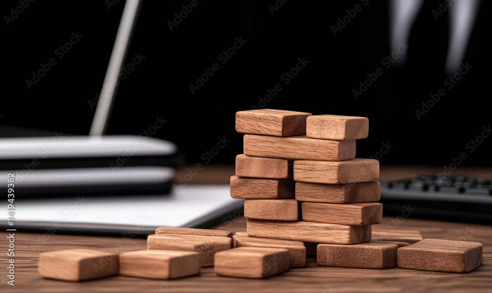 Stack of Wooden Blocks on a Desk Surrounded by Office Supplies with a Dark Background, Symbolizing Strategy, Focus and Planning for Business Success Stack of Wooden Blocks on a Desk Surrounded by Office Supplies with a Dark Background, Symbolizing Strategy, Focus and Planning for Business Success