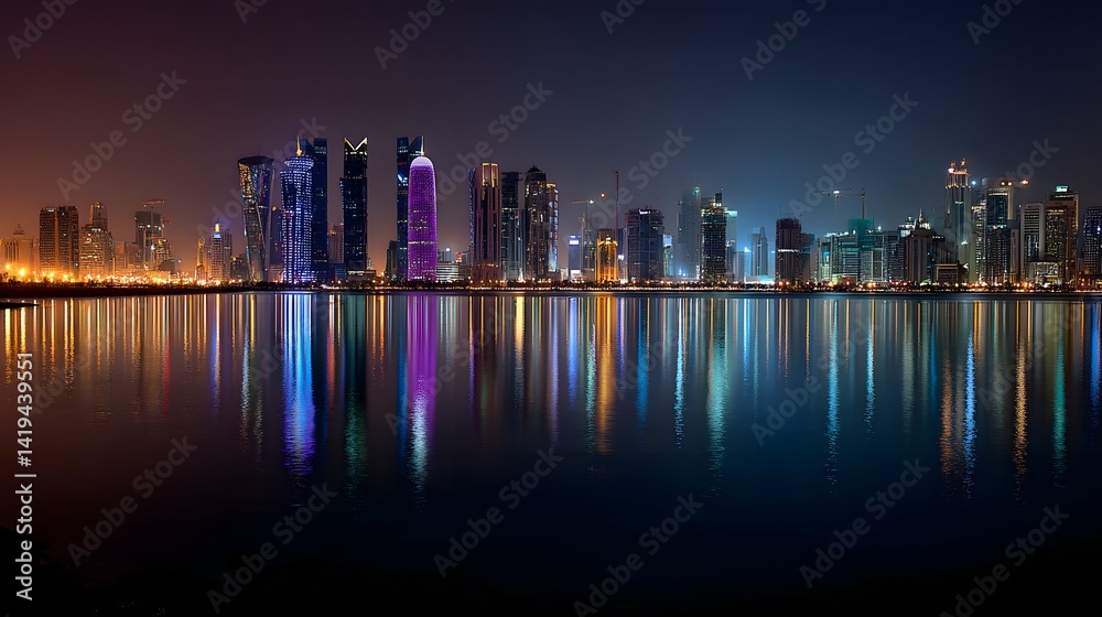 Fototapeta premium Doha skyline at night, reflected in the water.