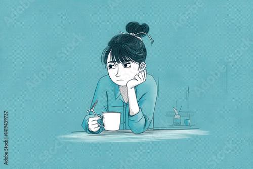 Bored individual stirring coffee looks thoughtfully into distance. She seems listless and little bit sad as she ponders something over her morning beverage
