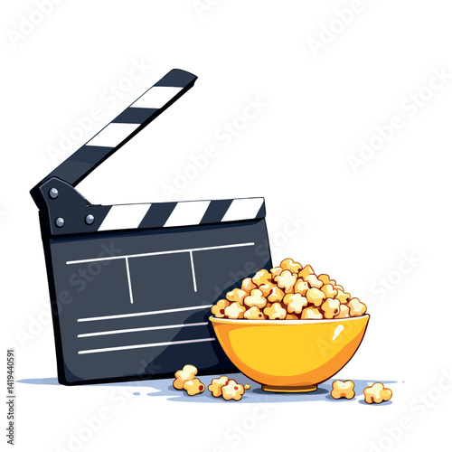 Vsai movie clapperboard leaning on bowl overflowing with popcorn kernels